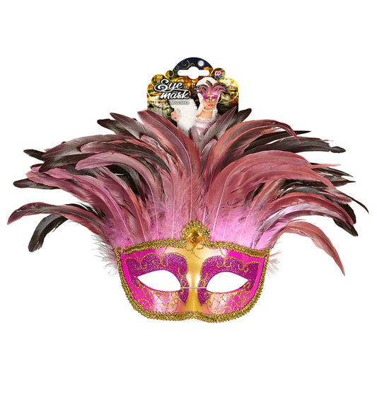 Pinkfarbene Maske Contessa mit Edelsteinen und Federn für Fasnacht und Kostüme