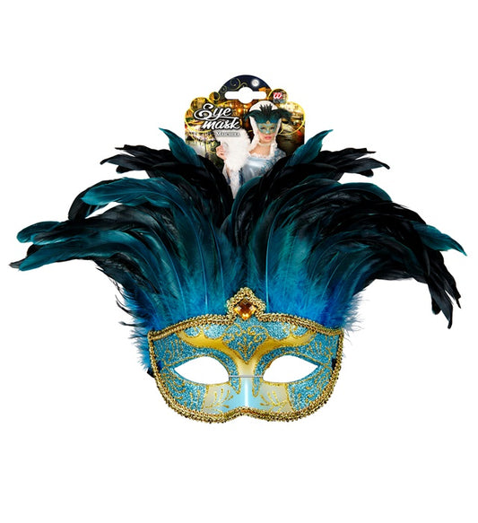 Blaue Contessa-Maske mit Edelsteinen und Federn für Fasnacht und Karneval