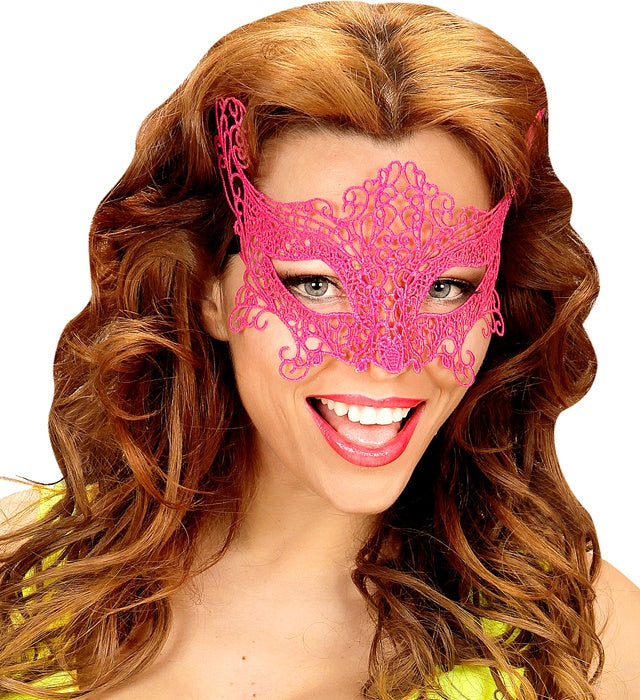 Neonpinkfarbene Augenmaske aus Spitze für Fasnacht und Karneval