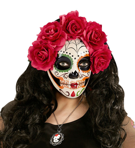 Maske Dia de los Muertos mit roten Rosen auf weiss
