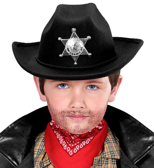 Schwarzer Cowboyhut mit Sheriffstern aus gebürstetem Filz in Kindergröße