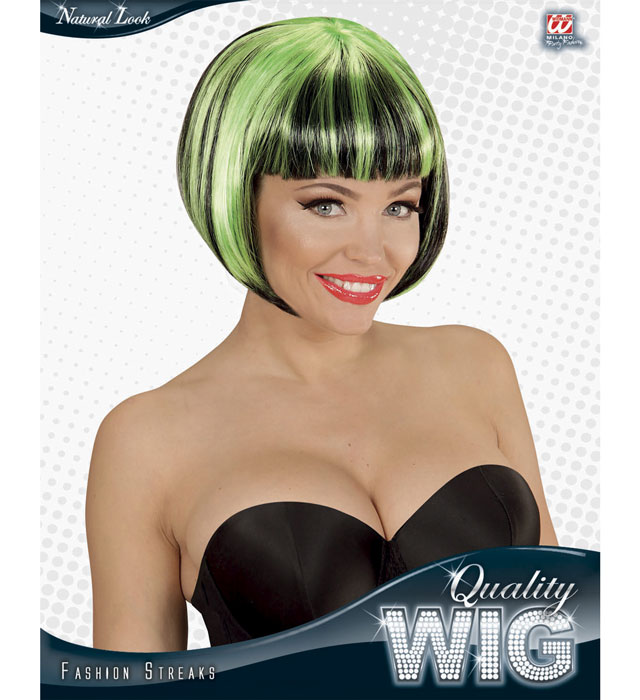 Fashion Streaks Perücke mit schwarz-grünen Strähnen auf hellem Hintergrund