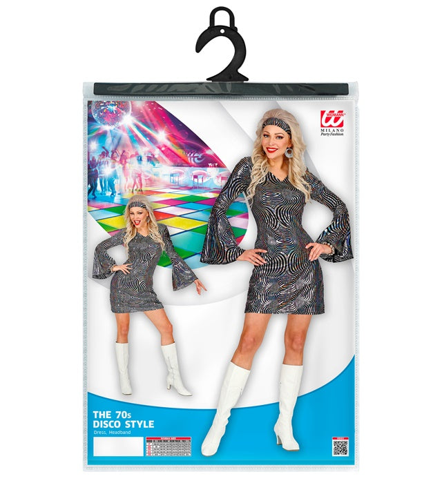 Silbernes 70er Jahre Disco Kleid mit Wellenmuster und passendem Stirnband