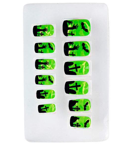 Set aus 12 selbstklebenden neonfarbenen Fingernägeln mit Spooky-Motiv