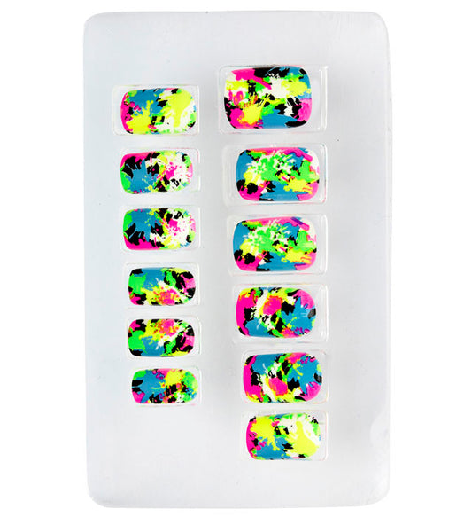 Set von 12 SELBSTKLEBENDEN FINGERNÄGELN - NEON PATCHWORK Diverse Farben