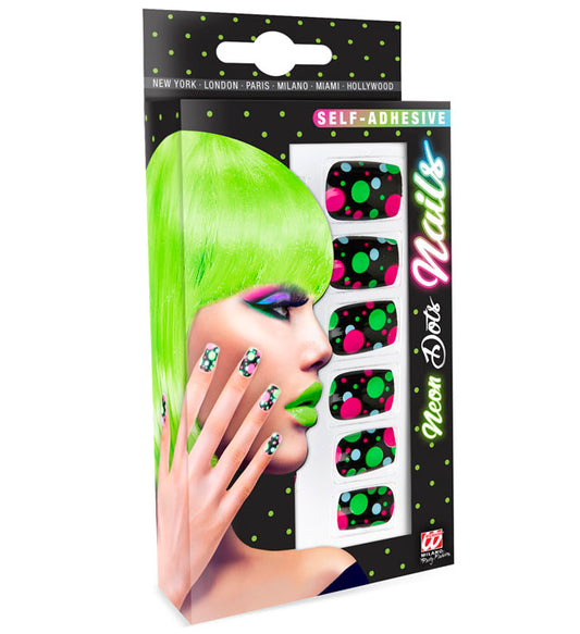 Set aus 12 selbstklebenden Fingernägeln mit leuchtenden Neon-Punkten