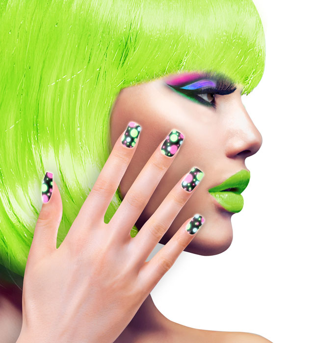 Set aus 12 selbstklebenden Fingernägeln mit leuchtenden Neon-Punkten
