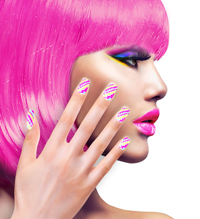 Set aus 12 selbstklebenden Neon Fingernägeln mit bunten Streifen