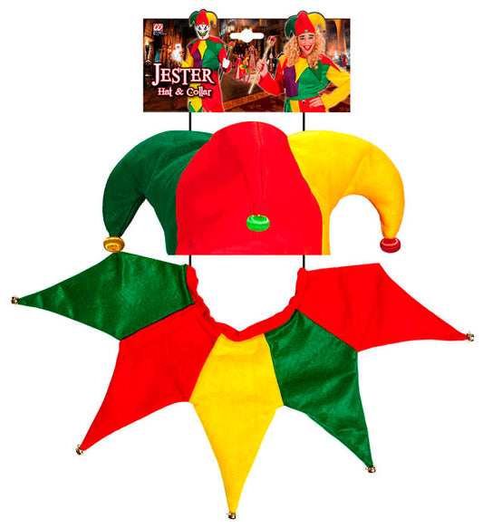 Buntes Hofnarren-Set mit Glockenmütze und farbigem Kragen für Fasnacht