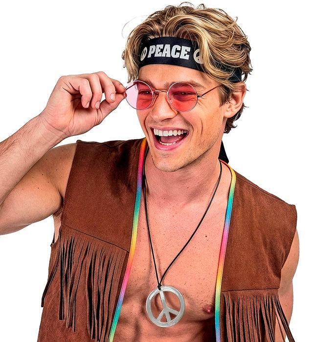 Hippie Set mit buntem Stirnband, runder Sonnenbrille und bunter Perlenkette