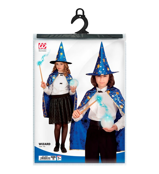 Kinder Zauberer Kostüm mit schwarzem Umhang und spitzem Hut, 70 cm Länge