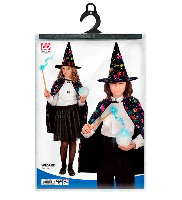 Zauberer Kostüm mit 70 cm Umhang und spitzem Hut für Fasnacht und Halloween