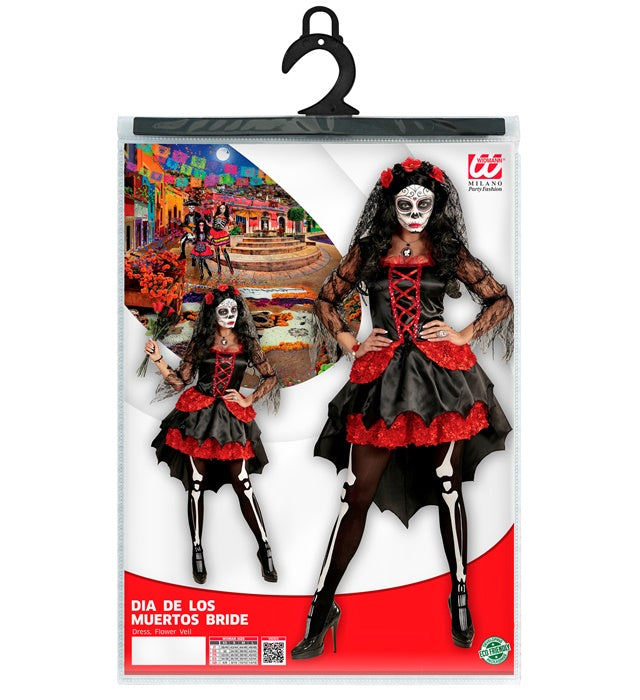 Braut Dia de los Muertos Kostüm mit Blumenschleier für Fasnacht