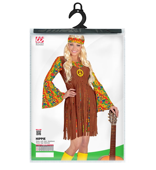 Hippie Girl Kostüm mit Kleid, Weste, Stirnband und Peace-Zeichen-Kette