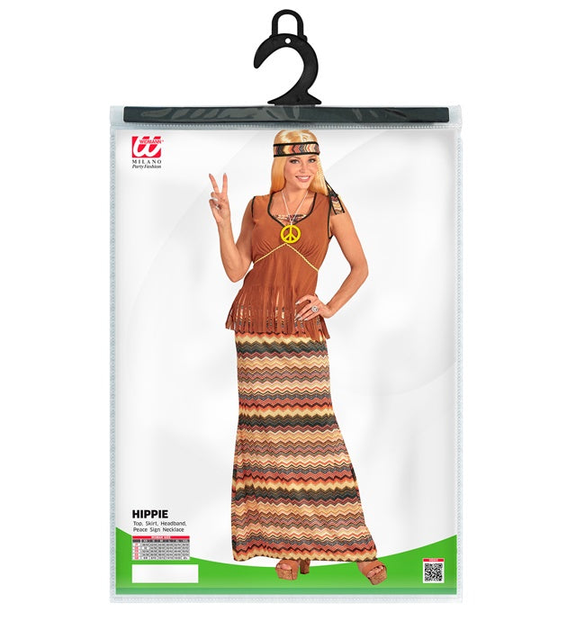 Hippie Damenkostüm mit Kleid, Weste, Rock und Peace-Stirnband für Fasnacht