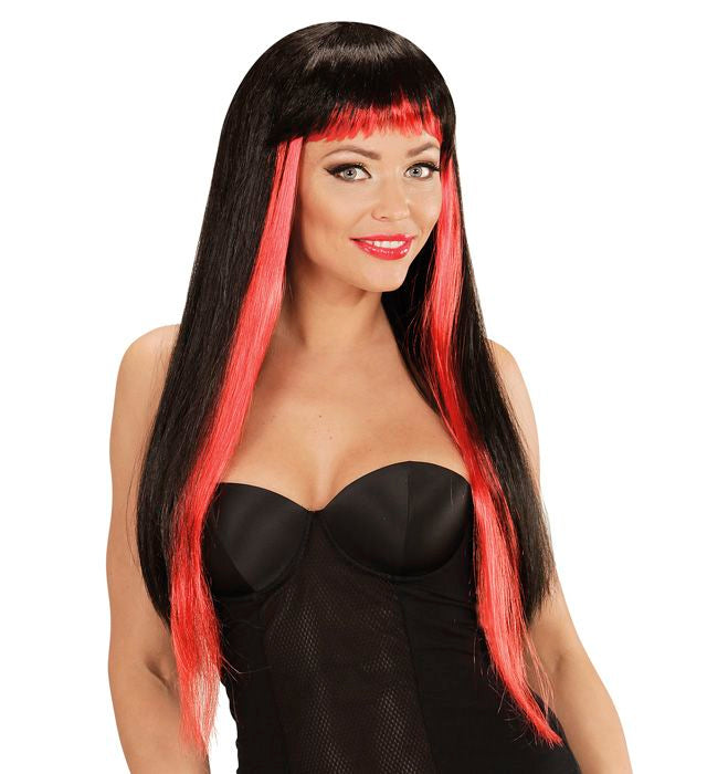 Schwarz-rote Gothic Glam Perücke mit leuchtenden roten Strähnen und schwarzem Haar