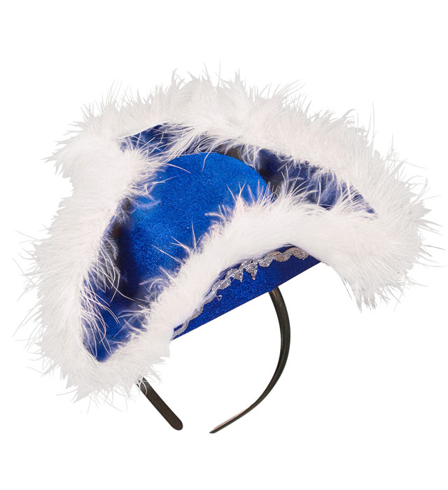 Blauer Mini-Dreispitz aus Filz mit weißen Marabou-Federn als Fasnacht Accessoire