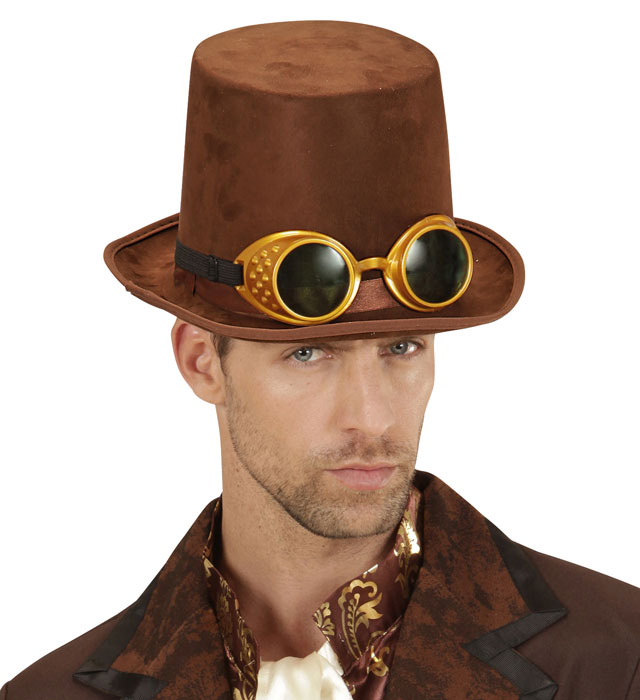 Steampunk Zylinder mit Brille und Wollfilzoptik, 15 cm hoher Hut