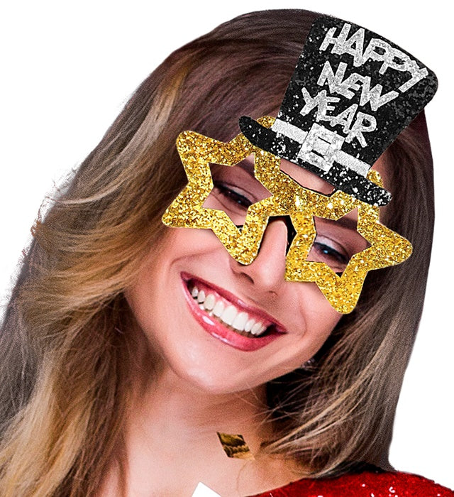 Goldene Brille mit Schriftzug Happy New Year als Fasnacht- und Silvester-Accessoire