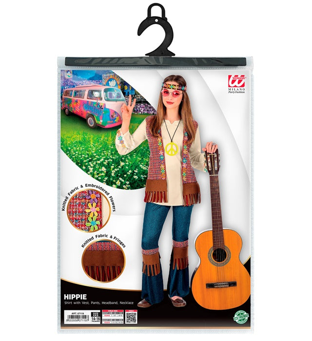 Buntes Hippie-Kostüm mit Hemd, Weste, Hose, Stirnband und Kette im 70er Jahre Stil