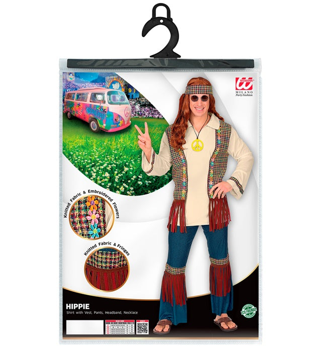 Hippie-Kostüm mit Hemd, Weste, Hose, Stirnband und Kette in bunten Farben