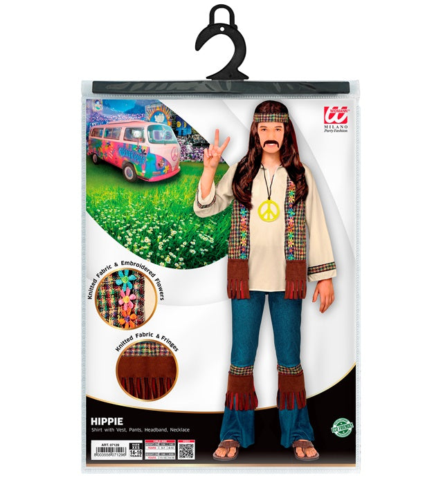 Buntes Hippie-Kostüm mit Hemd, Weste, Hose, Stirnband und Kette auf weissem Hintergrund