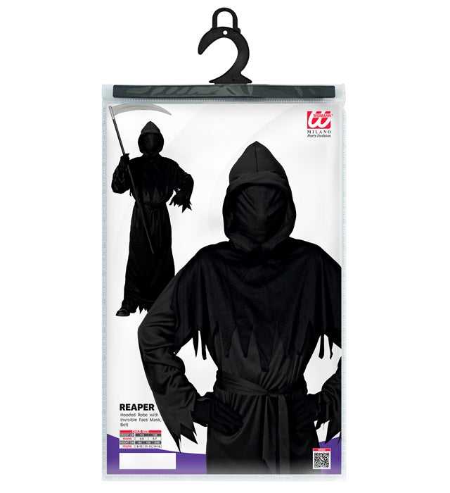 Reaper Kostüm mit schwarzer Kapuzenrobe und unsichtbarer Gesichtsmaske