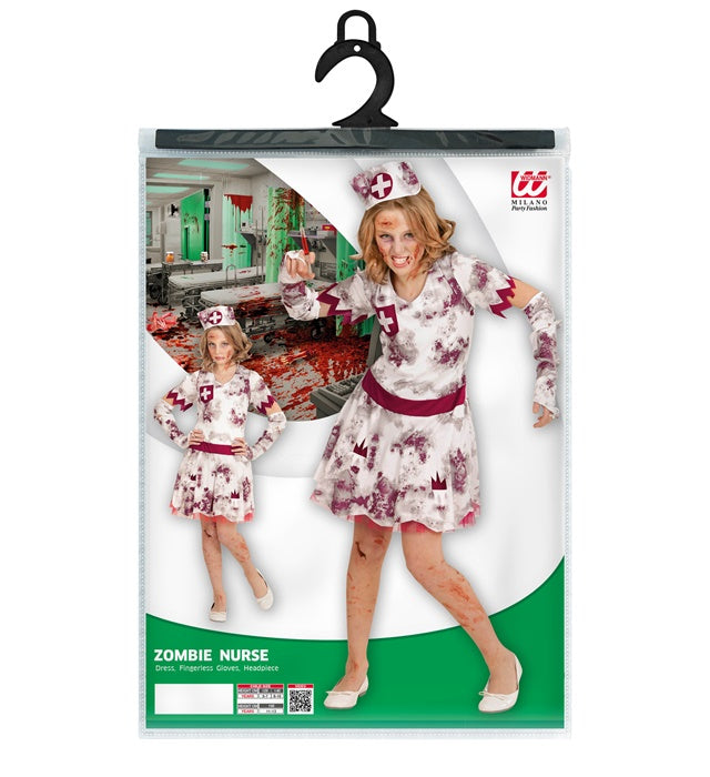 Zombie Krankenschwester Kostüm mit Kleid, fingerlosen Handschuhen und Haube