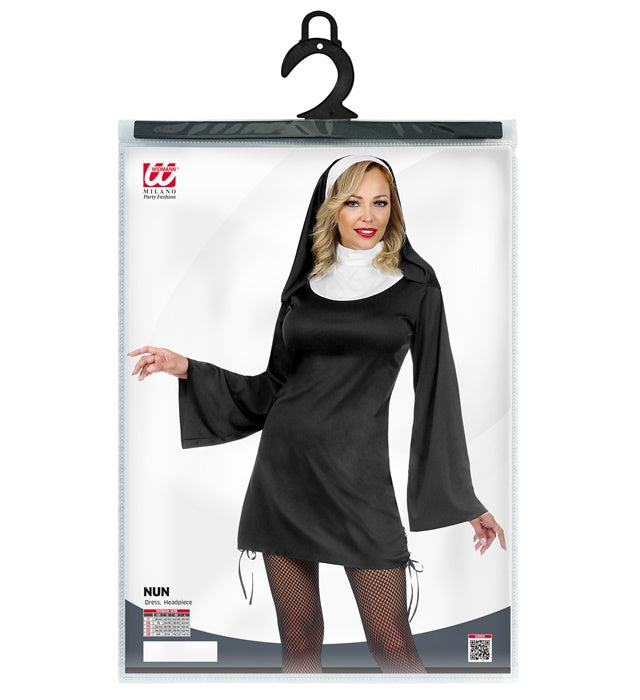 Nonnenkostüm mit schwarzem Kleid und weißer Haube für Fasnacht und Karneval