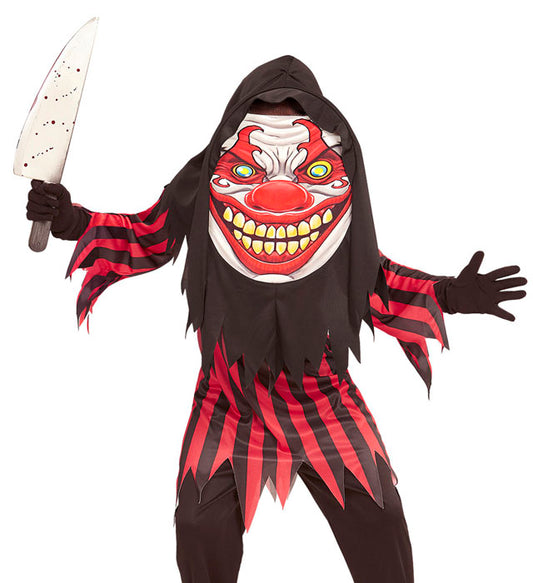 Killer Clown Kostüm mit großer Maske und Kapuze auf schwarzem Hintergrund