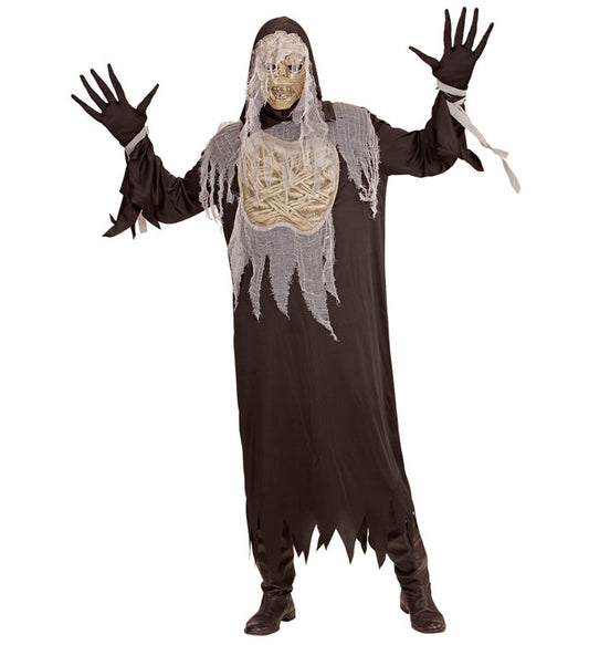 Mumien-Kostüm mit Kapuzenrobe, Handschuhen und Maske für Fasnacht