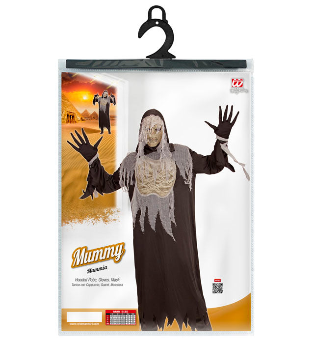 Mumien-Kostüm mit Kapuzenrobe, Handschuhen und Maske für Fasnacht