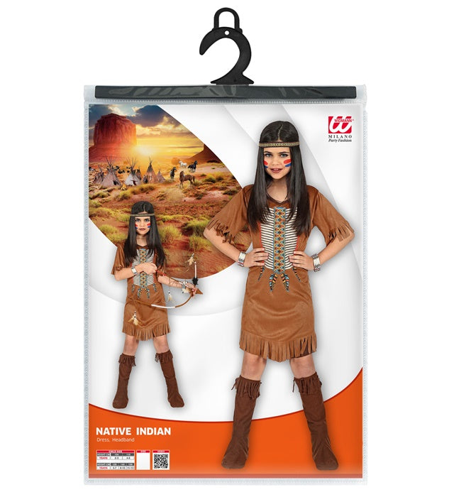 Indianerin Kostüm mit braunem Kleid und Stirnband mit Feder für Fasnacht