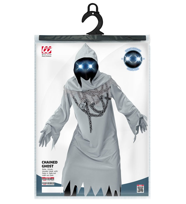 Geist in Ketten Kostüm mit schwarzer Robe, Kapuzenmaske und leuchtenden Augen