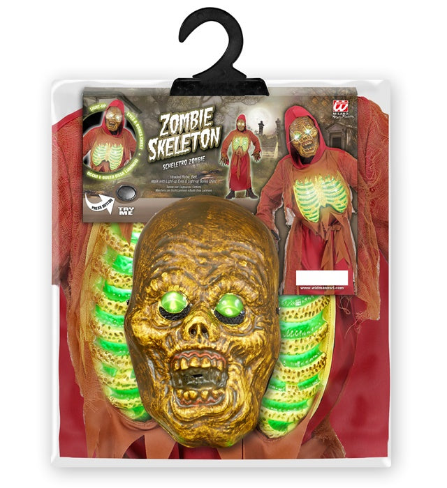Zombieskelett-Kostüm mit Kapuze, Maske und leuchtendem Brustpanzer