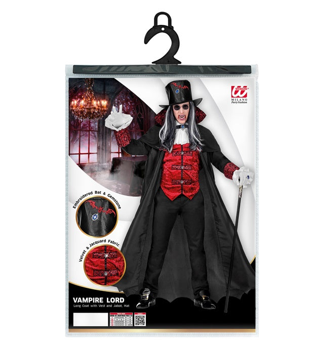 Vampir Lord Kostüm mit langem Mantel, Weste, Jabot und schwarzem Zylinder