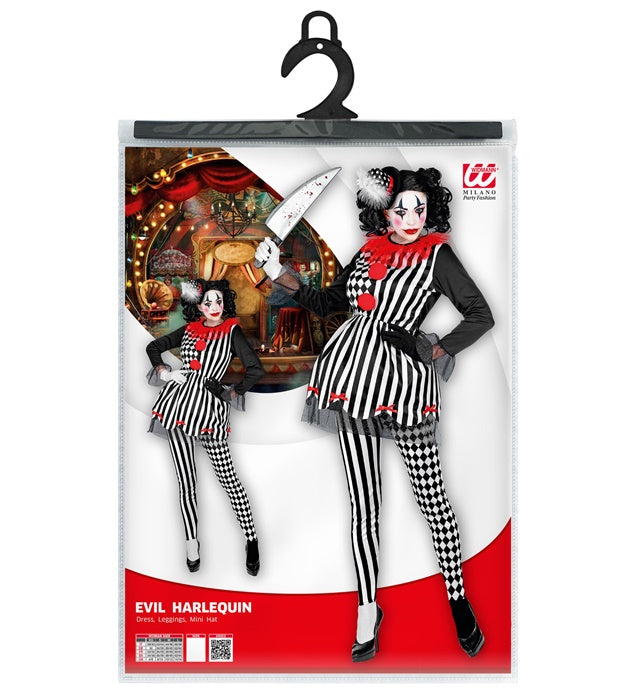 Horror Harlekina Kostüm mit Kleid, Leggings und Minihut für Fasnacht