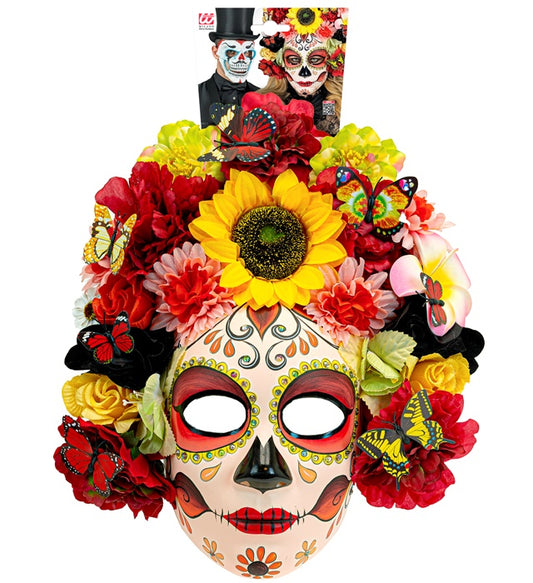 Bunte Dia de los Muertos Maske mit Sonnenblume und farbigen Blumen