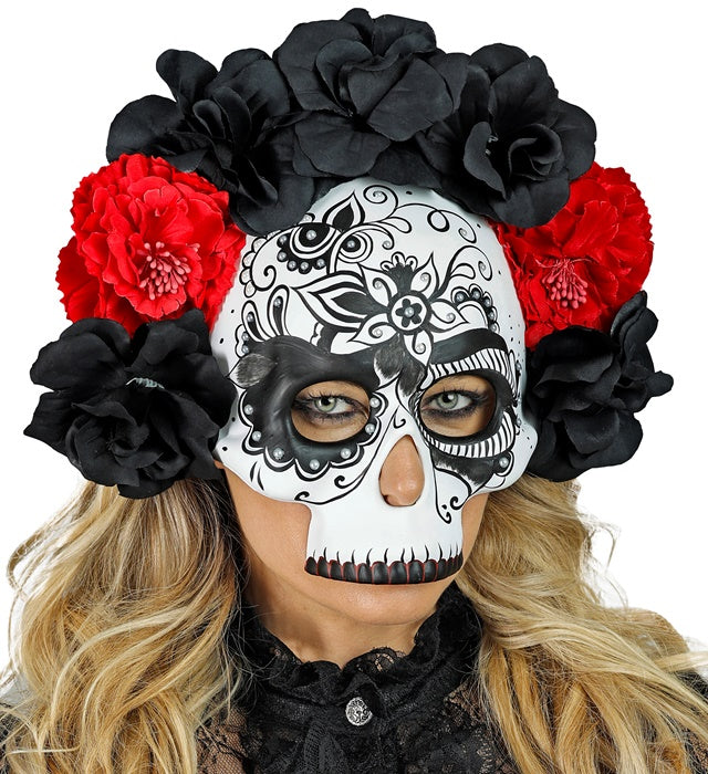 DIA DE LOS MUERTOS TOTENKOPFMASKE MIT SCHWARZEN & ROTEN ROSEN Diverse Farben
