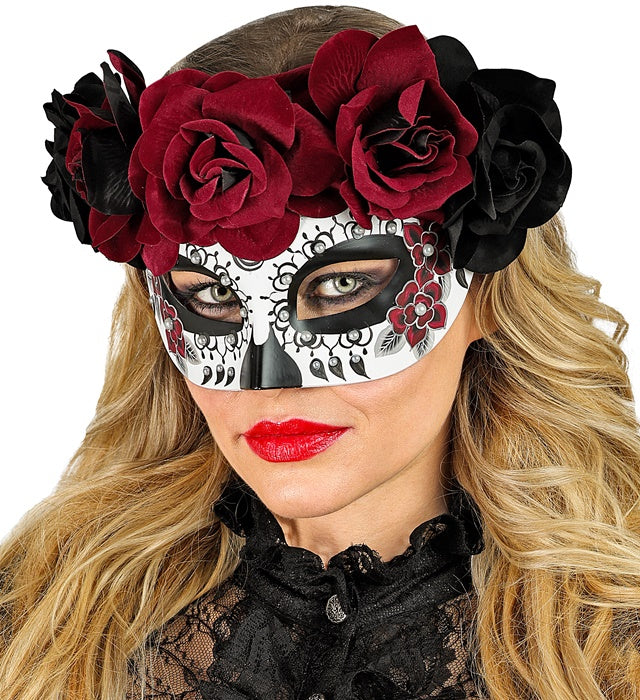 DIA DE LOS MUERTOS AUGENMASKE MIT SCHWARZEN & DUNKELROTEN ROSEN Diverse Farben