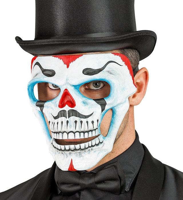 Dia de los Muertos Totenkopf Clownmaske mit bunten Verzierungen und elastischem Band