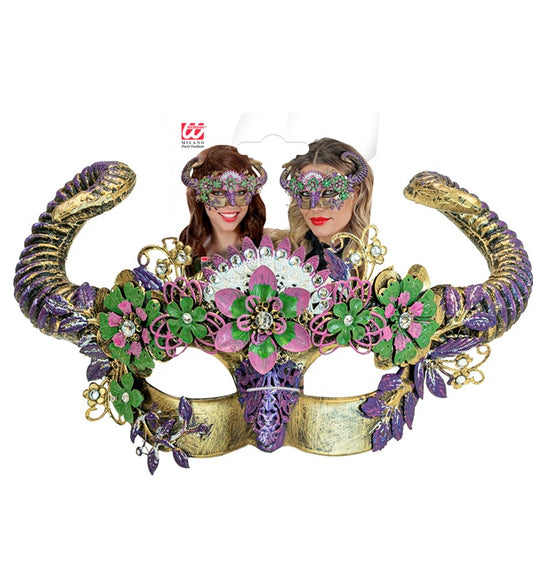 Theater Augenmaske mit Widder-Motiv und Blumen in bunten Farben