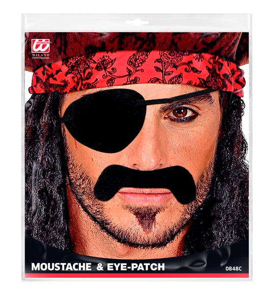 Schwarzer klebender Piratenschnurrbart und Augenklappe als Fasnachtskostümzubehör