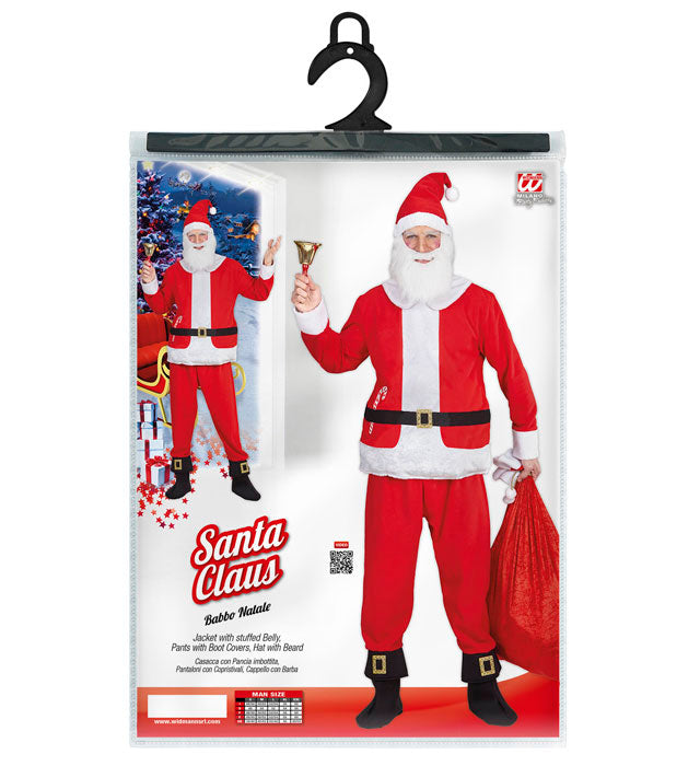 Weihnachtsmann Kostüm mit wattiertem Bauch, roter Hose und Mütze mit Bart