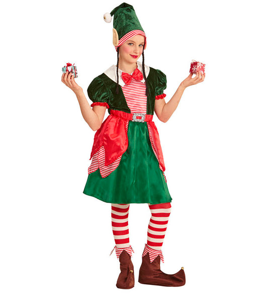 Kinder-Elf-Kostüm mit rotem Kleid und grüner Mütze mit Ohren und Zöpfen