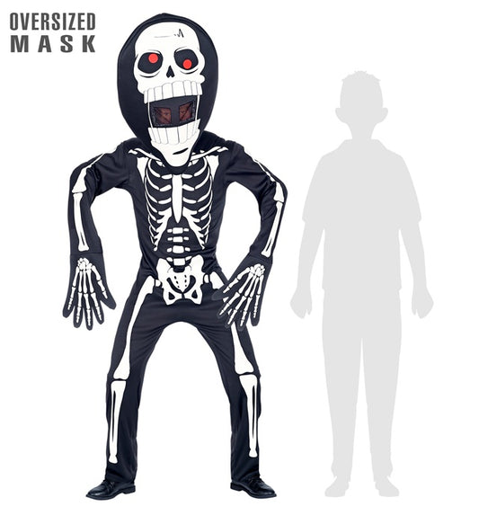 Skelett-Kostüm mit schwarzem Overall und großer Skelett-Maske für Fasnacht
