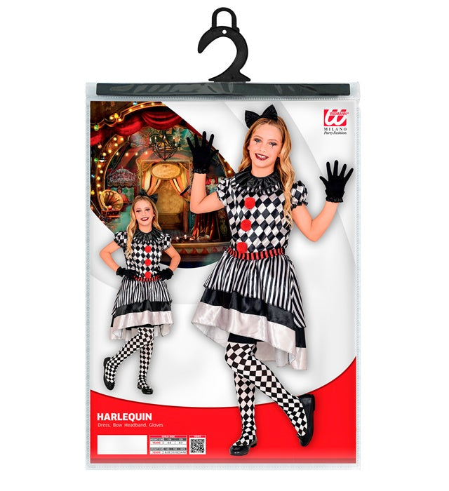 Retro Clown Kostüm mit Clownkragen, Haarschleife und Handschuhen auf weißem Hintergrund