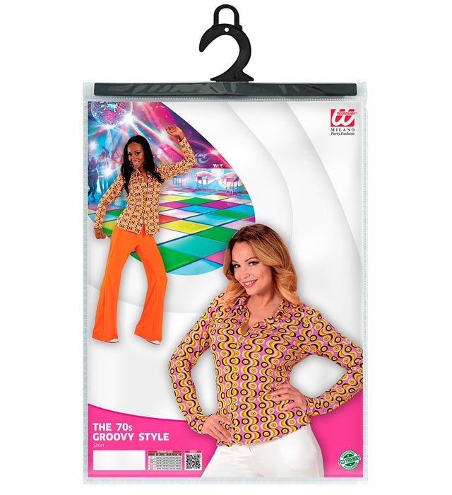 THE 70s GROOVY STYLE Bluse mit buntem Disc-Muster im 70er Jahre Stil