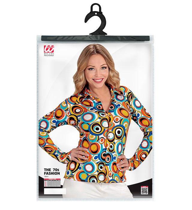 Bunte 70er Jahre Bluse mit Bubble-Muster im Retro-Stil für Fasnacht