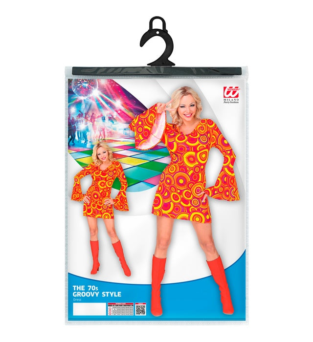 THE 70s GROOVY STYLE orangefarbenes Kleid mit Bubble-Muster im Retro-Look